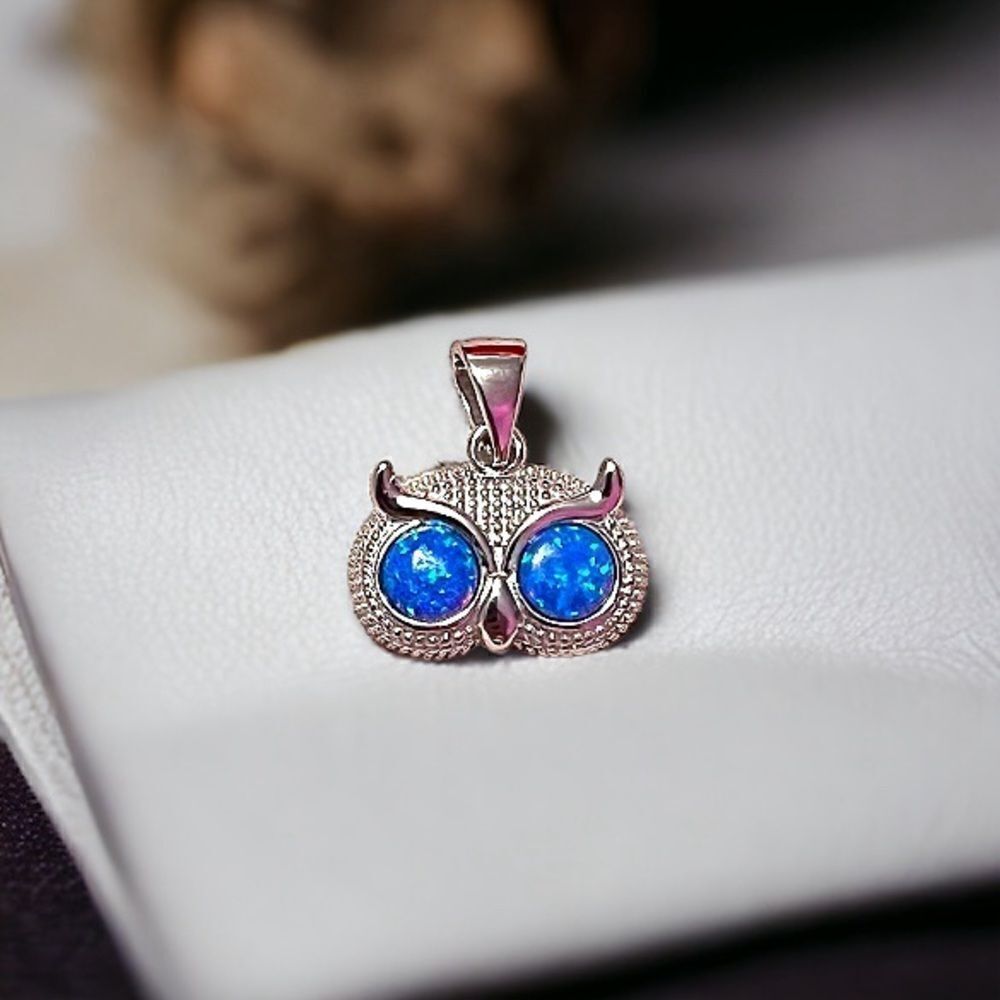 Sterling Silver Blue Fire Opal Owl Pendant Marked 925 NWOT